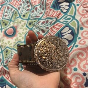 Vintage Brown Leather Belt with Ornate Brass Buckle